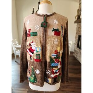 VTG Tiara International Christmas Ugly Sweater Women's Large Zip Up Santa Gifts